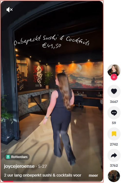 TikTok-video van creator joycejeroense bij Donso Sushi en Cocktail Bar in Rotterdam: onbeperkt sushi en cocktails, met 3.667 likes en 3.762 shares