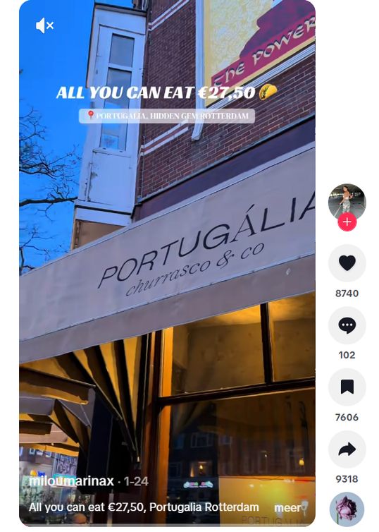 TikTok-video van creator miloumarinax over de all you can eat-deal van Portugalia in Rotterdam, met 8.740 likes en 9.318 shares